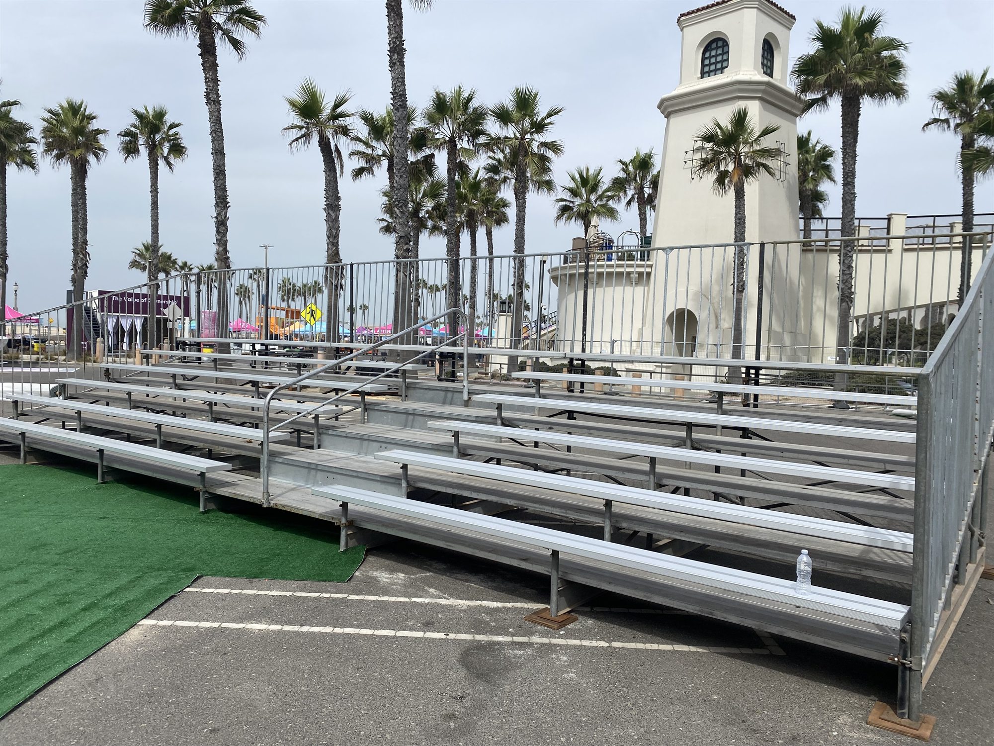 Temporary aluminum bleachers at an outdoor coastal event